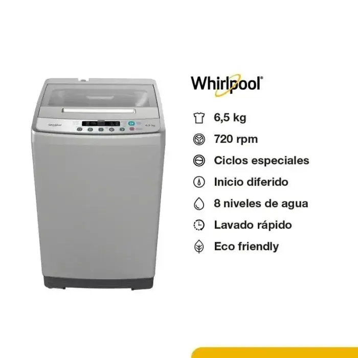 LAVARROPAS WHIRLPOOL 6,5KG CARGA SUPERIOR ECO FRIENDLY SILVER PRIMERA