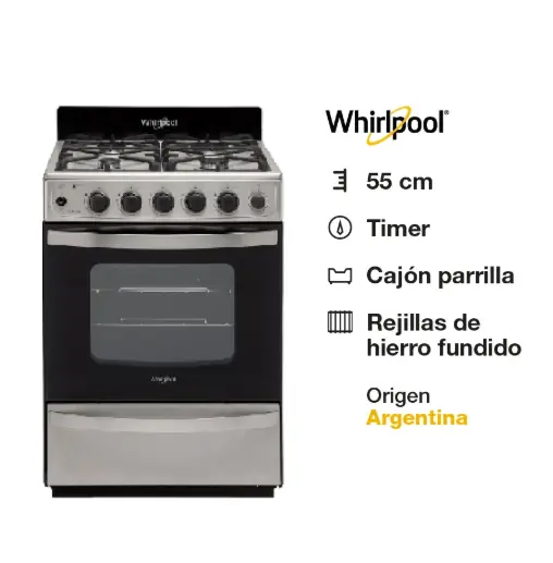 COCINA WHIRLPOOL 4 QUEMADORES WFX57DIDNA ACERO REJILLA FUNDICION - PRIMERA