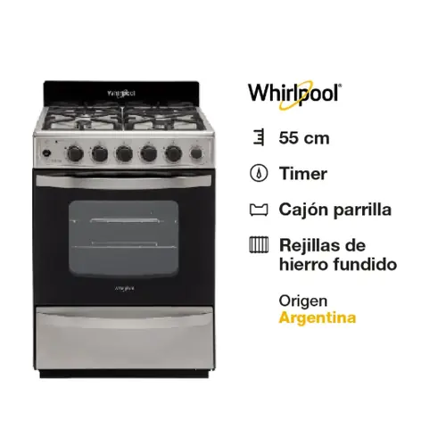 COCINA WHIRLPOOL 4 QUEMADORES WFX57DIDNA ACERO REJILLA FUNDICION - PRIMERA