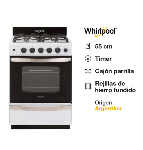 COCINA WHIRLPOOL 4 QUEMADORES WFB57DWDNA  REJILLA ALAMBRE - PRIMERA BLANCA