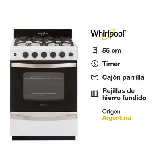 COCINA WHIRLPOOL 4 QUEMADORES WFB57DWDNA  REJILLA ALAMBRE - PRIMERA BLANCA