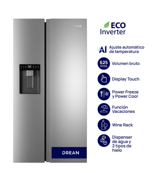 Heladera Side by Side Inverter con IA 625 L Inox Drean - DSP610IORSS0 OUTLET