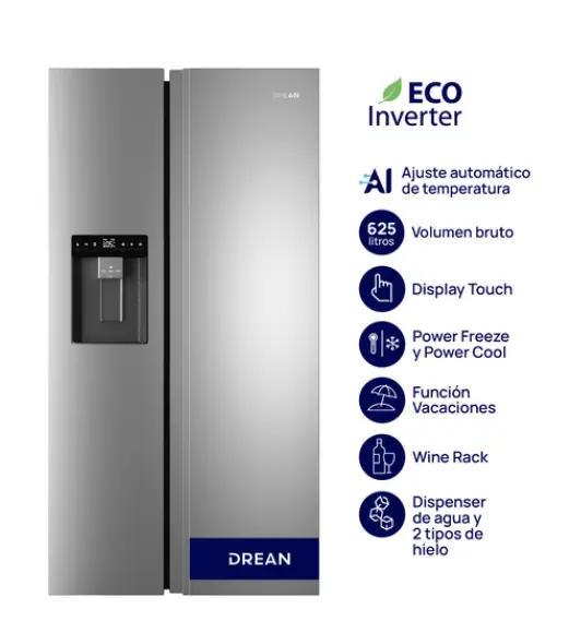 Heladera Side by Side Inverter con IA 625 L Inox Drean - DSP610IORSS0 OUTLET
