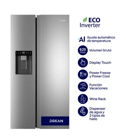 Heladera Side by Side Inverter con IA 625 L Inox Drean - DSP610IORSS0 OUTLET