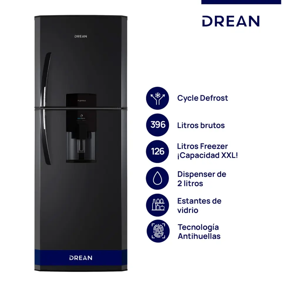 Heladera DREAN 396 L Cíclica Black Steel con Dispenser PRIMERA - HDR400F41N