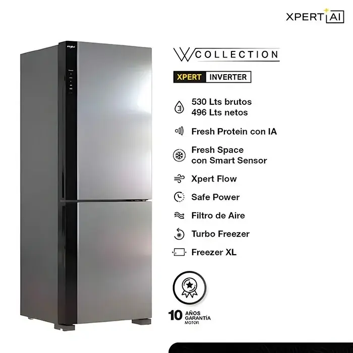 Heladera No Frost Xpert AI Whirlpool WRE66AK 530Lts Inverter Acero