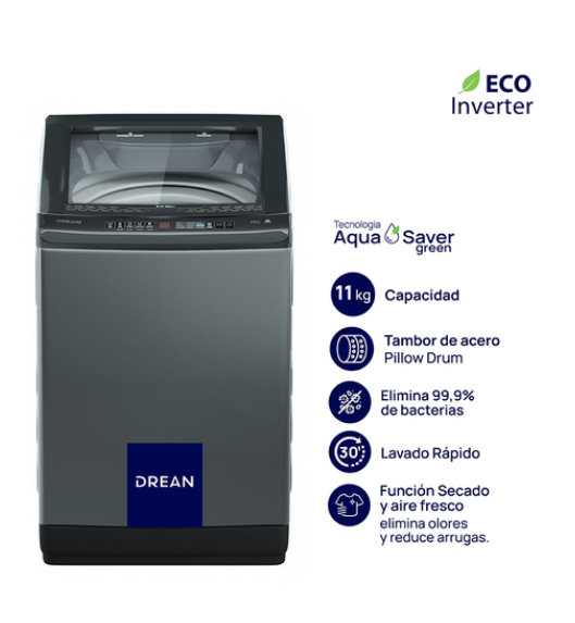 Lavarropas Carga Superior Ecoinverter 11 Kg Gris Drean - LPDR1165LG OUTLET