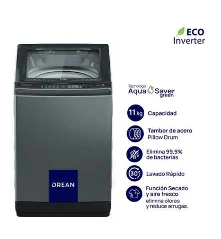 Lavarropas Carga Superior Ecoinverter 11 Kg Gris Drean - LPDR1165LG OUTLET