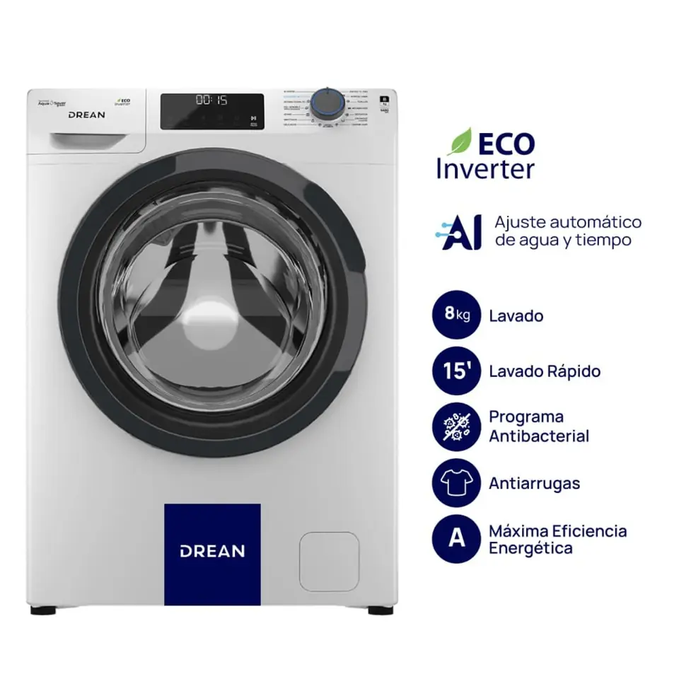 Lavarropas DREAN 8 Kg Carga Frontal Ecoinverter con IA 1400 RPM Blanco - LCFDR0814SB1