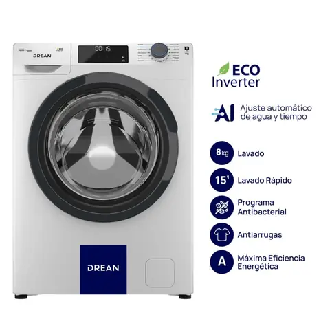 Lavarropas DREAN 8 Kg Carga Frontal Ecoinverter con IA 1400 RPM Blanco PRIMERA - LCFDR0814SB1
