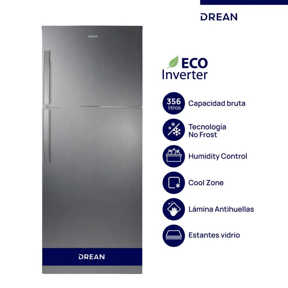 Heladera DREAN 356 L No Frost Inverter Inox con Manija PRIMERA - RZN356FXARX0