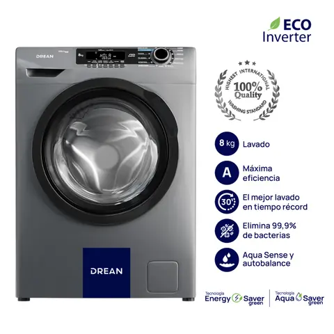 Lavarropas DREAN 8 Kg Carga Frontal Ecoinverter 1400 RPM Gris PRIMERA - LCFDR0814SG0
