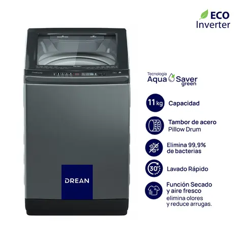 Lavarropas DREAN 11 Kg Carga Superior Ecoinverter Gris OUTLET PREMIUM - LPDR1165LG