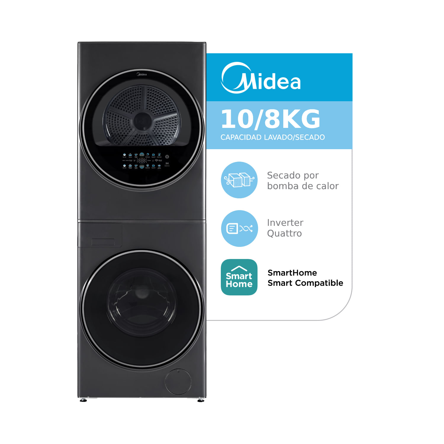 Torre de Lavado MIDEA 10 Kg / 8 Kg Inverter Bomba de Calor Gris - MTF-100WB/T-AR