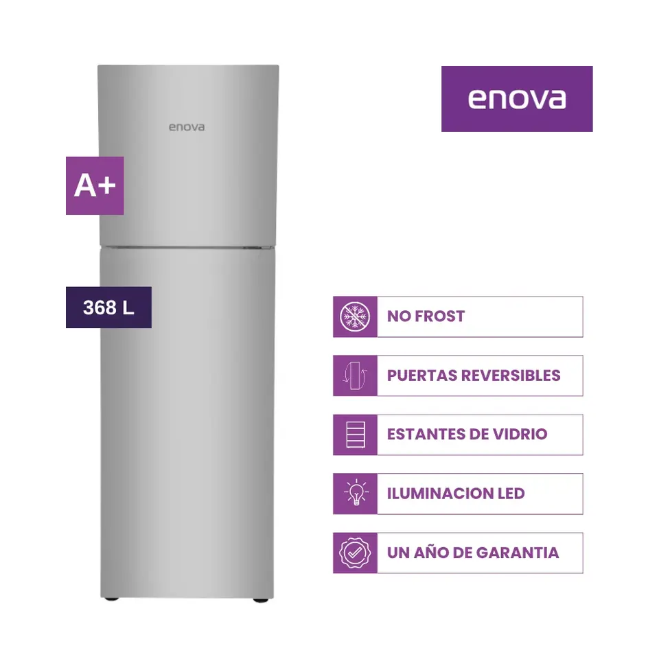 HELADERA ENOVA FREEZER SUP. NO-FROST VOL. BRUTO 370L GRIS - PRIMERA
