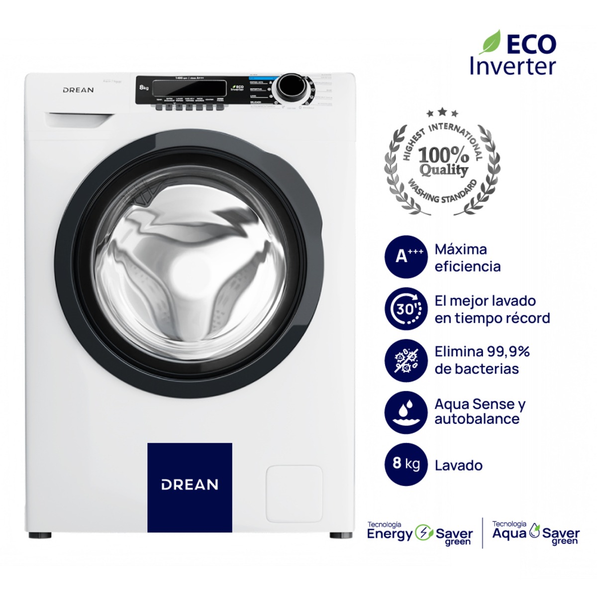Lavarropas DREAN Carga Frontal Ecoinverter 8 Kg Blanco - LCFDR0814SB0 OUTLET