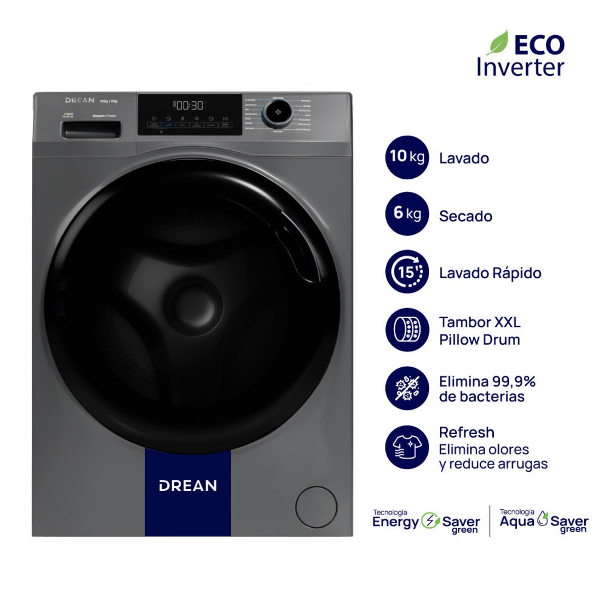 Lavasecarropas DREAN Ecoinverter 10 + 6 Kg Gris - LSCDR1006SG0