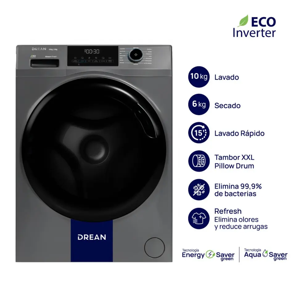 Lavasecarropas DREAN Ecoinverter 10 + 6 Kg Gris PRIMERA - LSCDR1006SG0