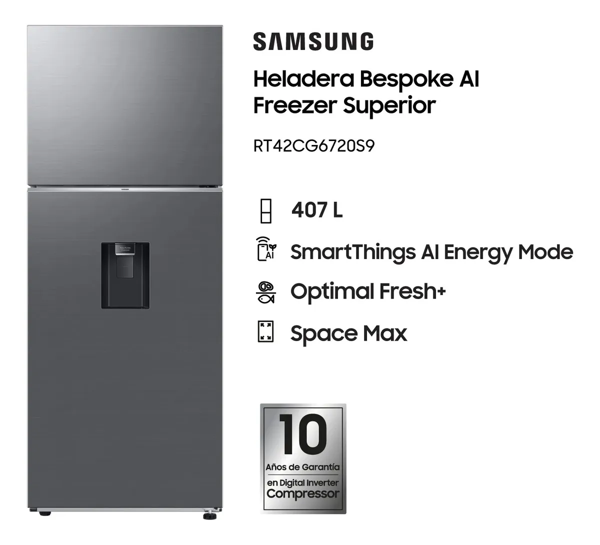 HELADERA SAMSUNG RT42CG6720S9/B3 407 LTS INOX DISPENSER PRIMERA