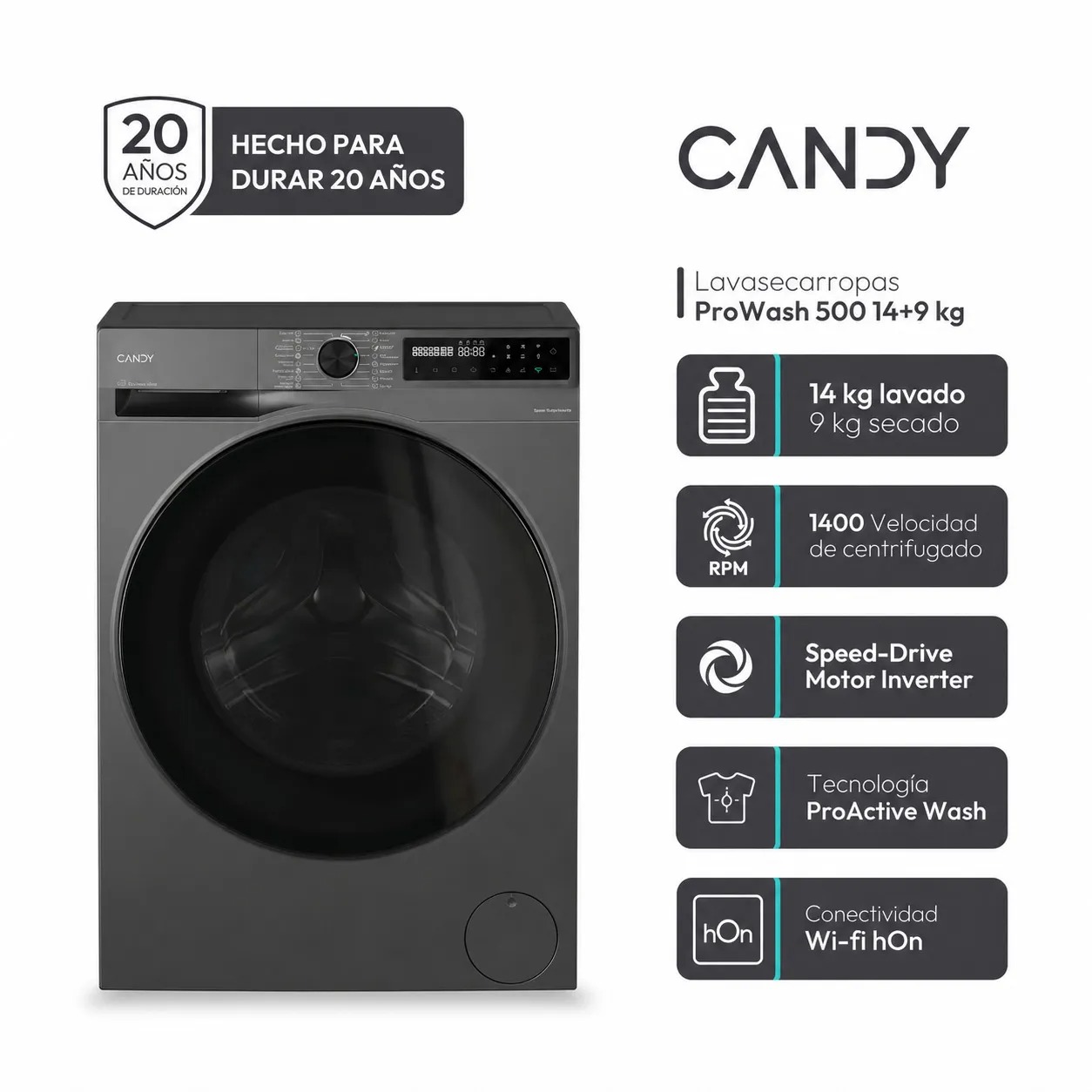 Lavasecarropas CANDY 14/9 kg 1400RPM Inverter gris PRIMERA - BWR4149BL9G-12