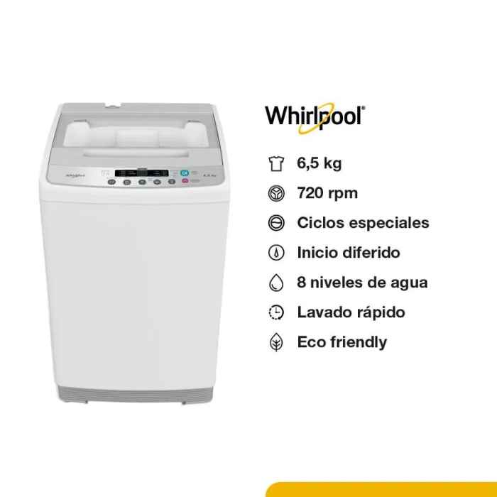 LAVARROPAS WHIRLPOOL CARGA SUPERIOR 6,5KG ECO FRIENDLY BLANCO PRIMERA
