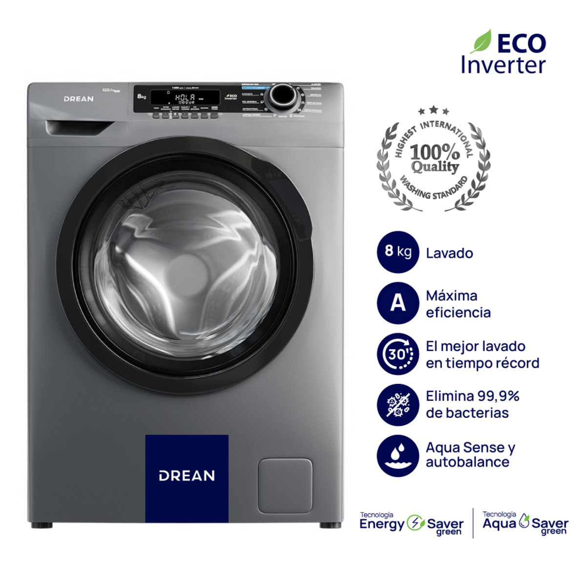 Lavarropas DREAN 8 Kg Carga Frontal Ecoinverter 1400 RPM Gris PRIMERA - LCFDR0814SG0