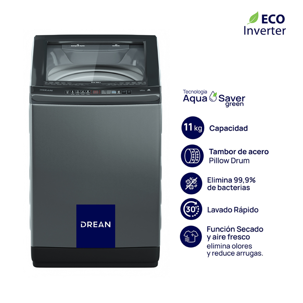 Lavarropas DREAN 11 Kg Carga Superior Ecoinverter Gris OUTLET PREMIUM - LPDR1165LG