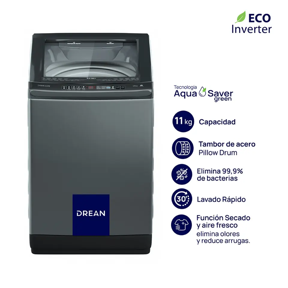 Lavarropas DREAN 11 Kg Carga Superior Ecoinverter Gris OUTLET PREMIUM - LPDR1165LG