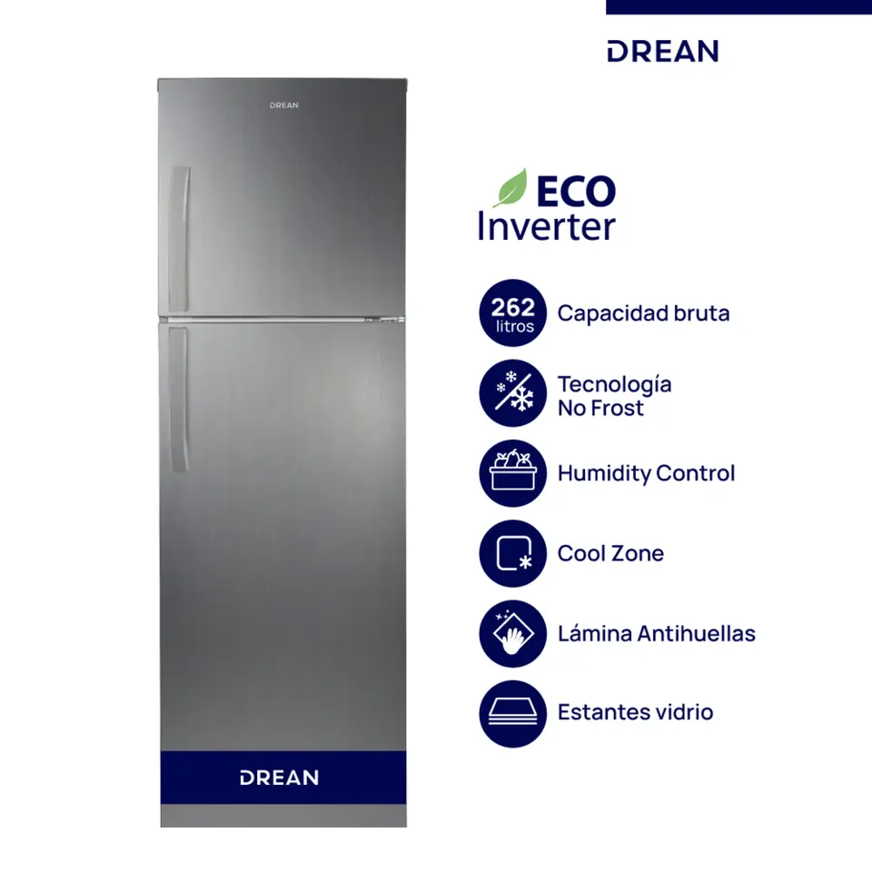 Heladera DREAN 262 L No Frost Inverter Inox con Manija PRIMERA - RZN262FXARX0
