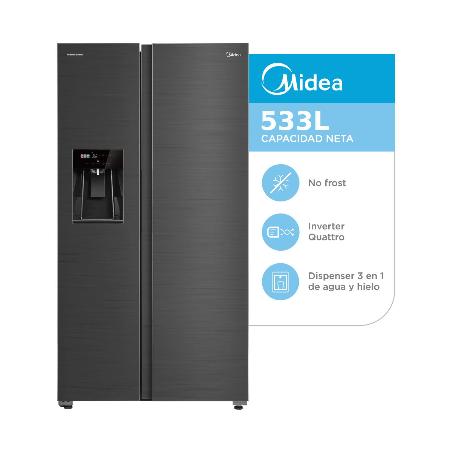 Heladera MIDEA 533 L Side by Side No Frost Inverter Gris con Dispenser - MDRS761FGFDXADW