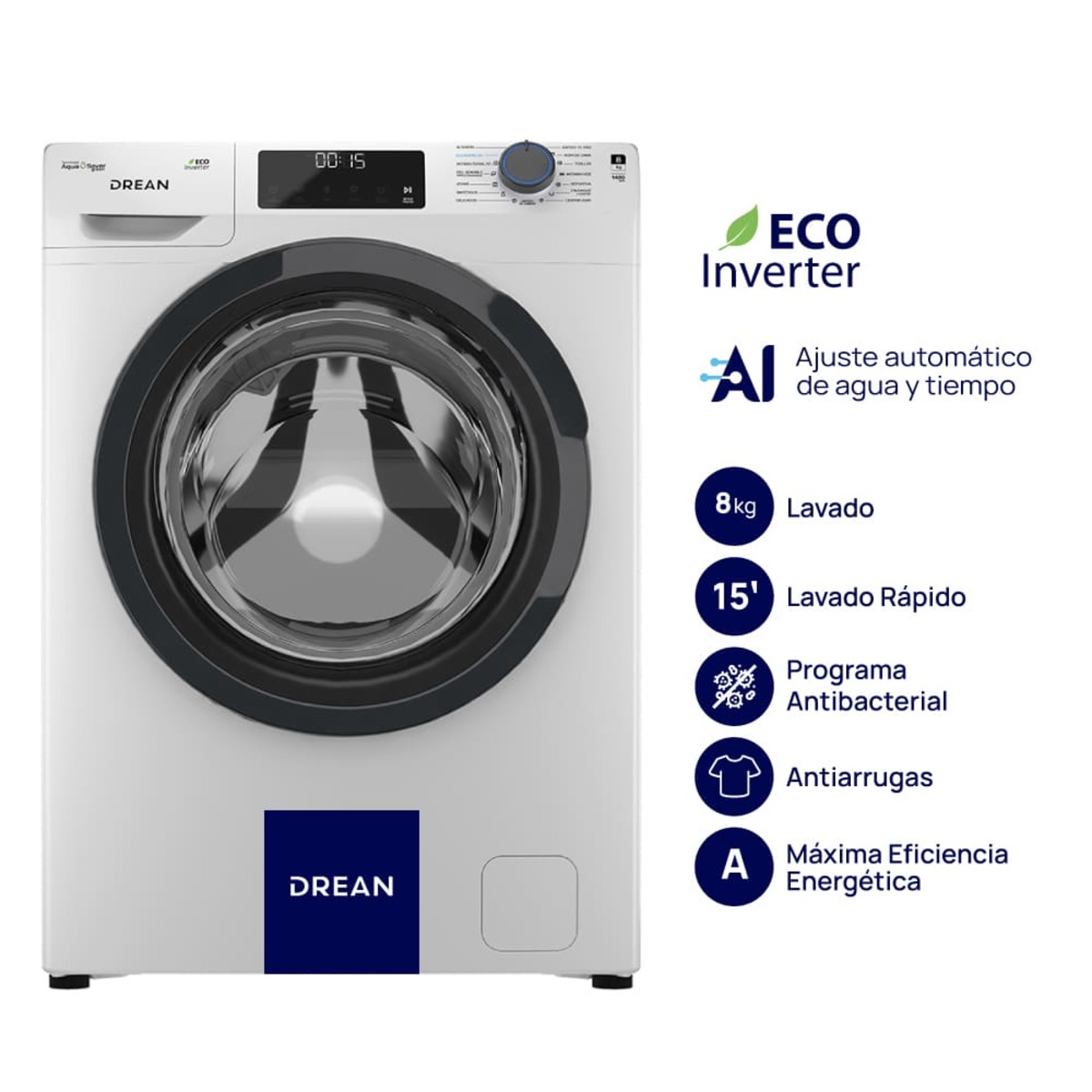 Lavarropas DREAN 8 Kg Carga Frontal Ecoinverter con IA 1400 RPM Blanco - LCFDR0814SB1