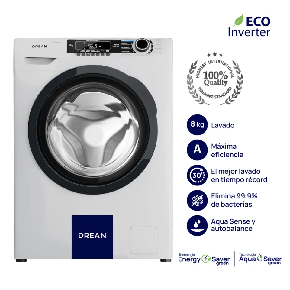 Lavarropas DREAN 8 Kg Carga Frontal Ecoinverter 1400 RPM Blanco PRIMERA - LCFDR0814SB0