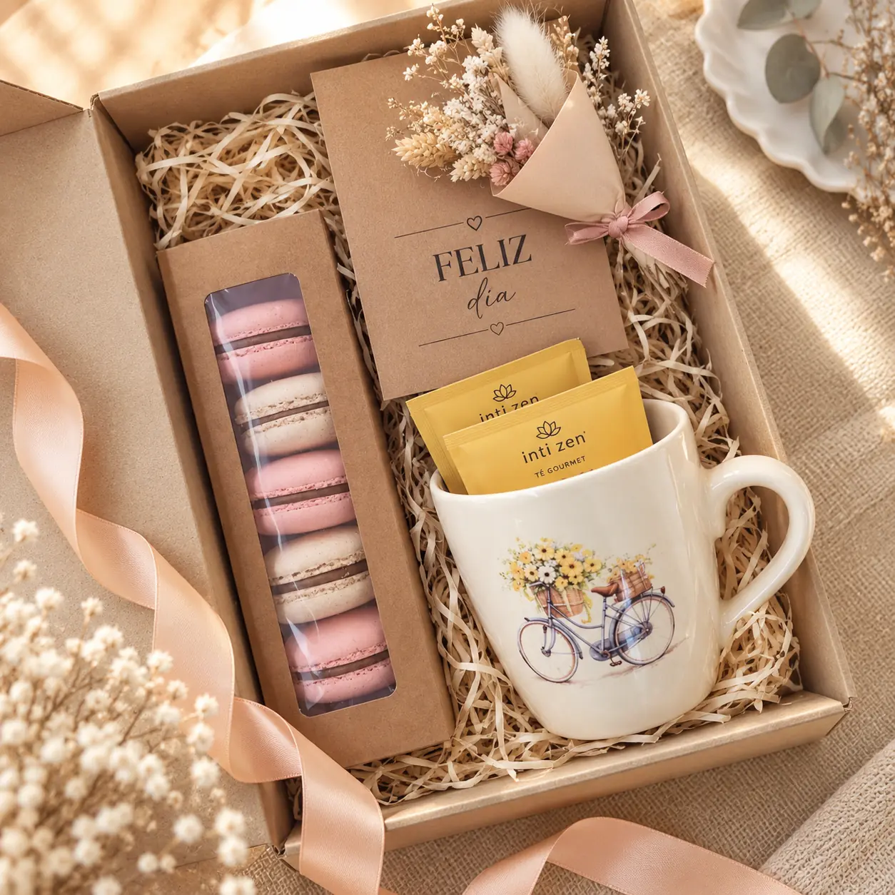 Box Flores, Té & Vos | Taza, Té & Macarons