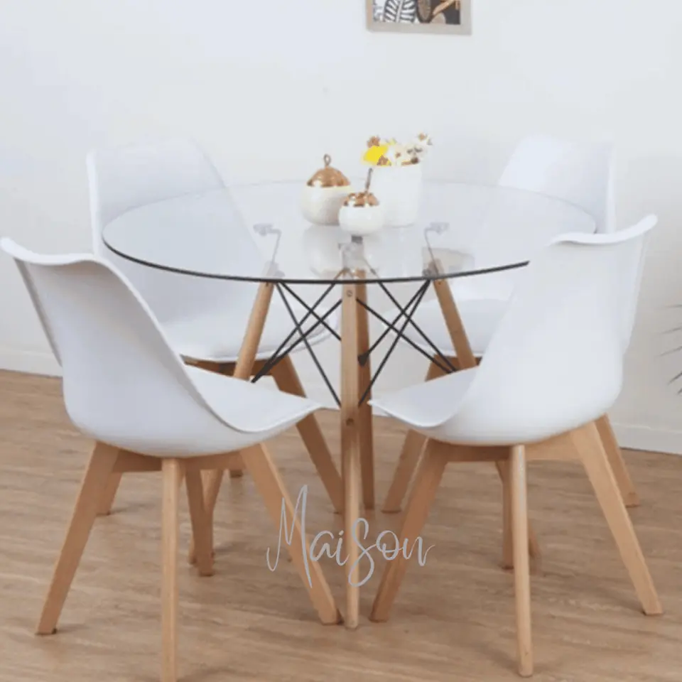 Mesa eames redonda de vidrio 100cm + 4 sillas tulip