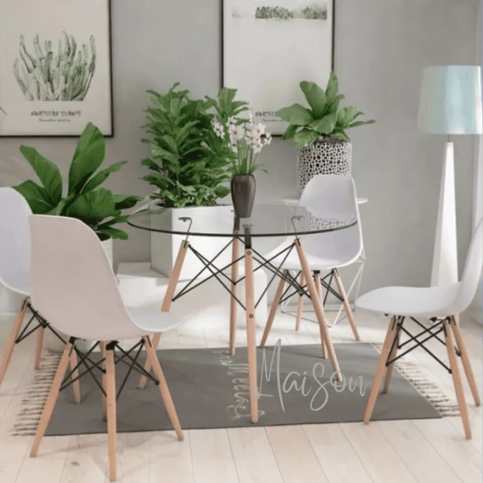 Combo Eames mesa de vidrio redonda 100 cm + 4 sillas