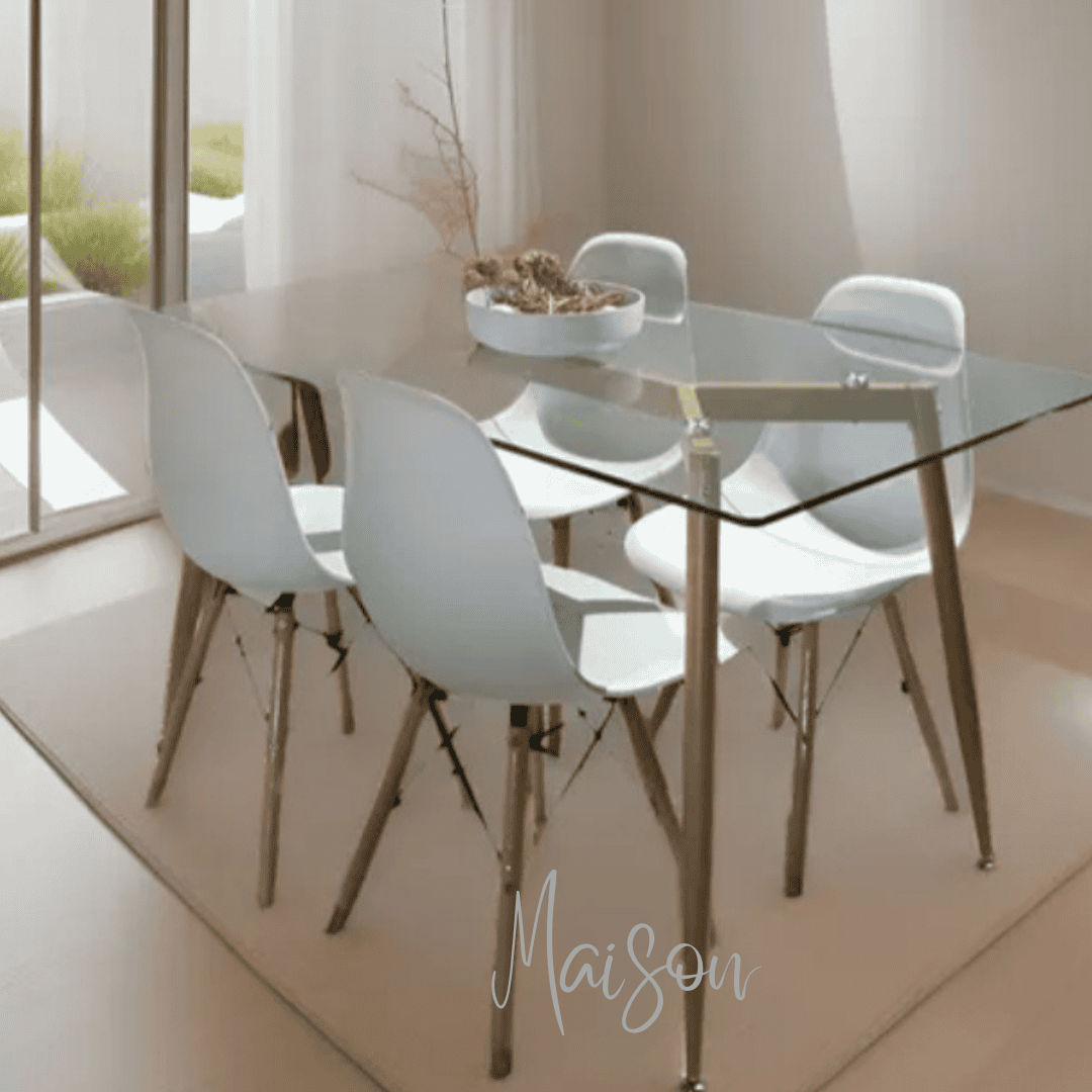 Mesa tulip 120x80 cm de vidrio + 4 sillas eames
