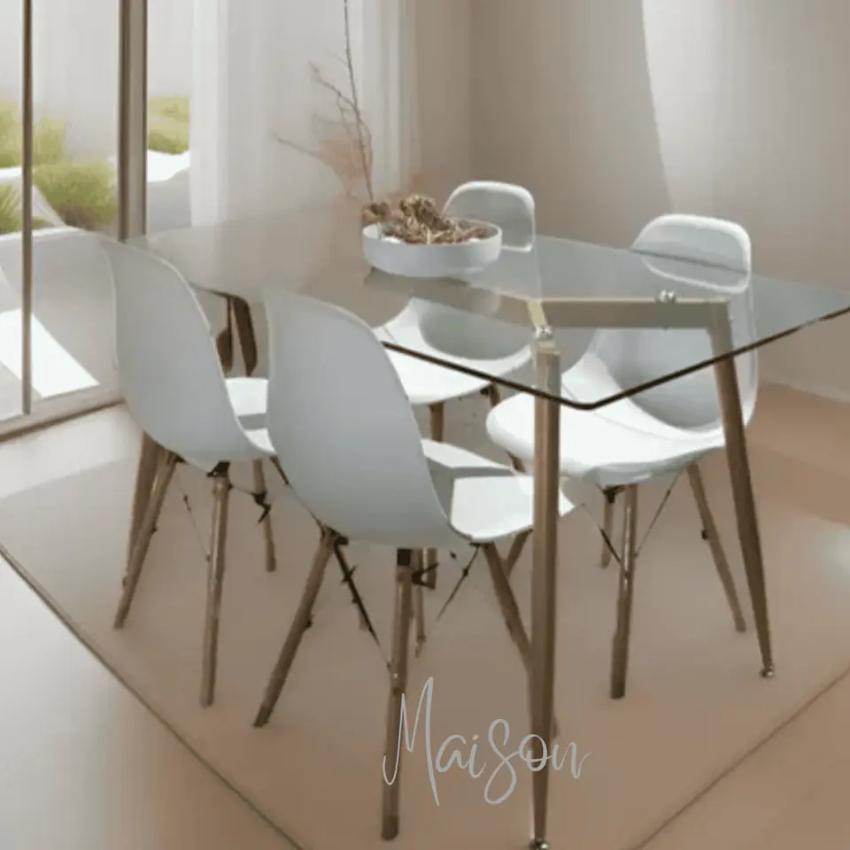 Mesa tulip 120x80 cm de vidrio + 4 sillas eames