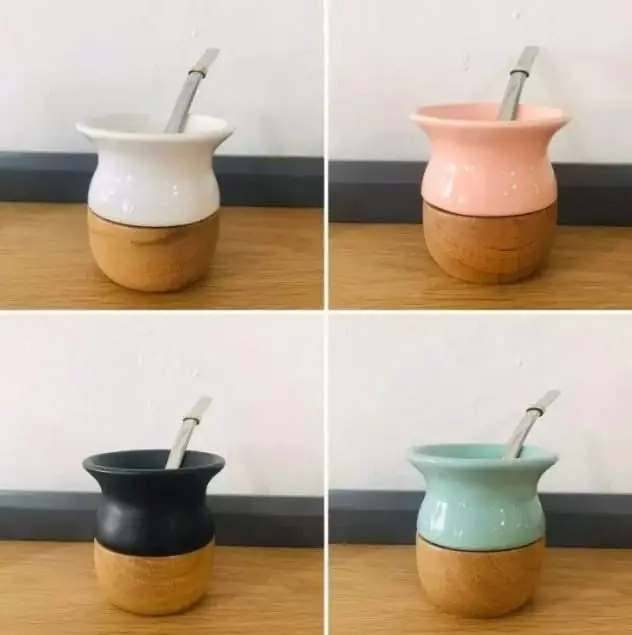 Mate  de ceramica/madera con bombilla