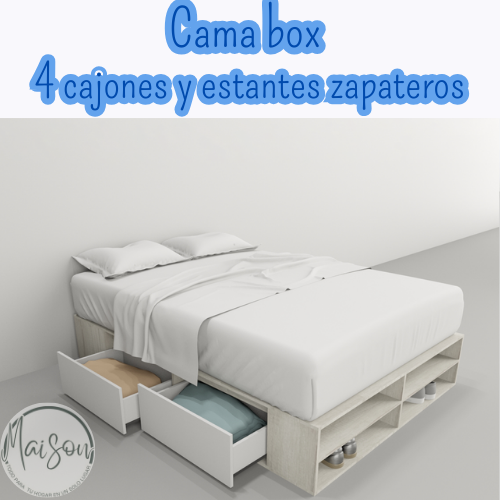 Cama box 4 cajones y estantes zapateros