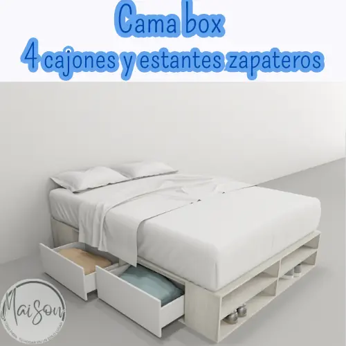 Cama box 4 cajones y estantes zapateros