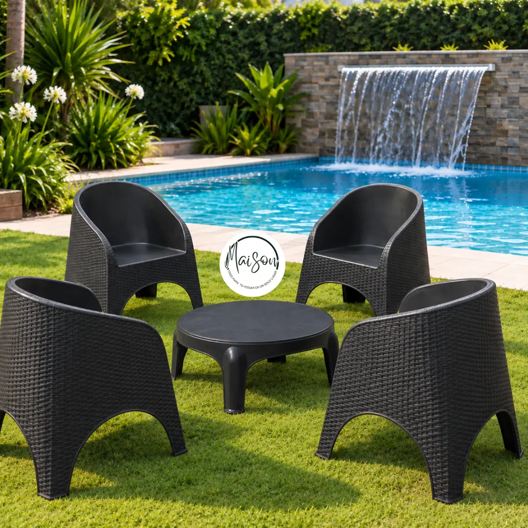4 sillones simil ratan + mesa ratona redonda 60cm color negro