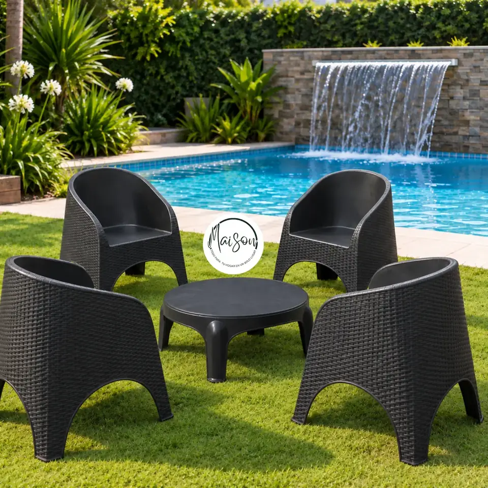4 sillones simil ratan + mesa ratona redonda 60cm color negro