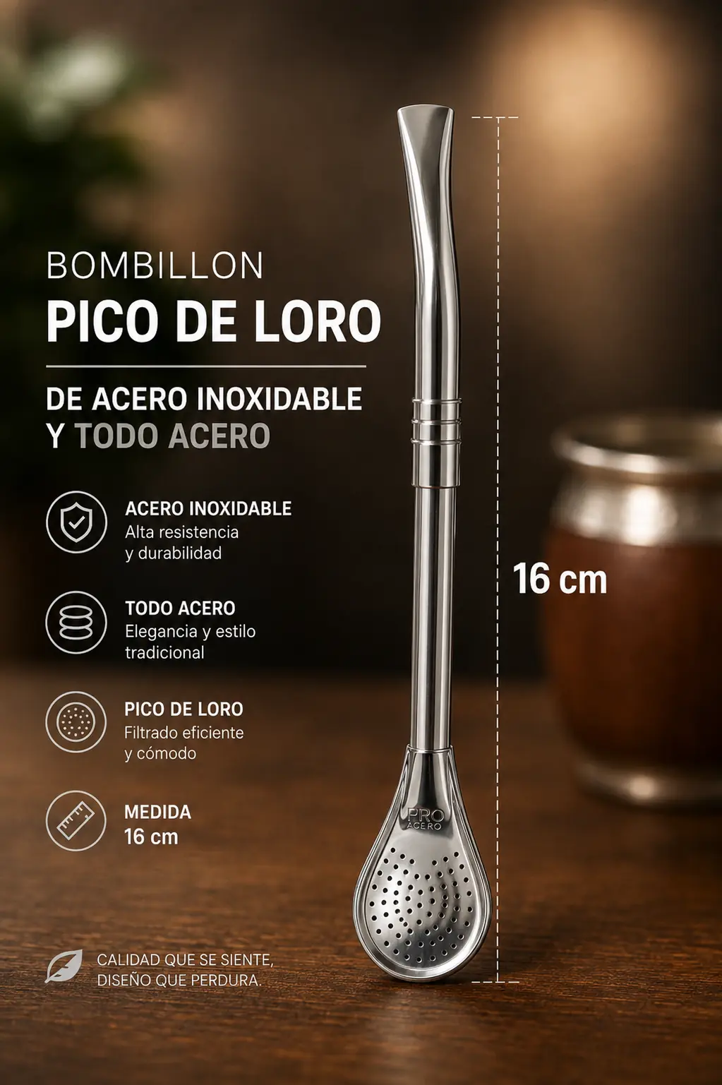 Bombillo Pico de loro en acero inoxidable 16cm y 19cm