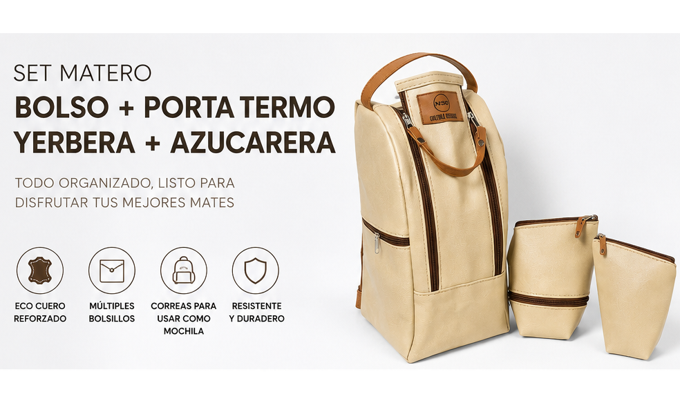 BOLSO MUCHILA MATERO DE ECOCUERO CON YERBERO Y AZUCARERO