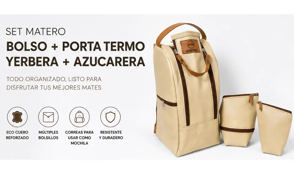 BOLSO MUCHILA MATERO DE ECOCUERO CON YERBERO Y AZUCARERO