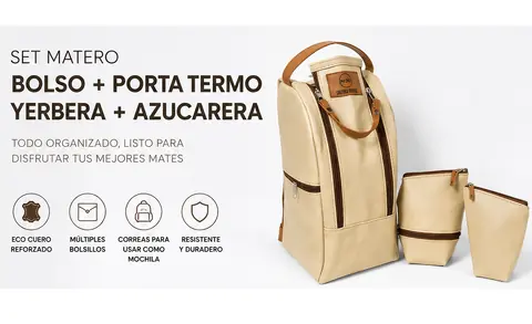 BOLSO MUCHILA MATERO DE ECOCUERO CON YERBERO Y AZUCARERO