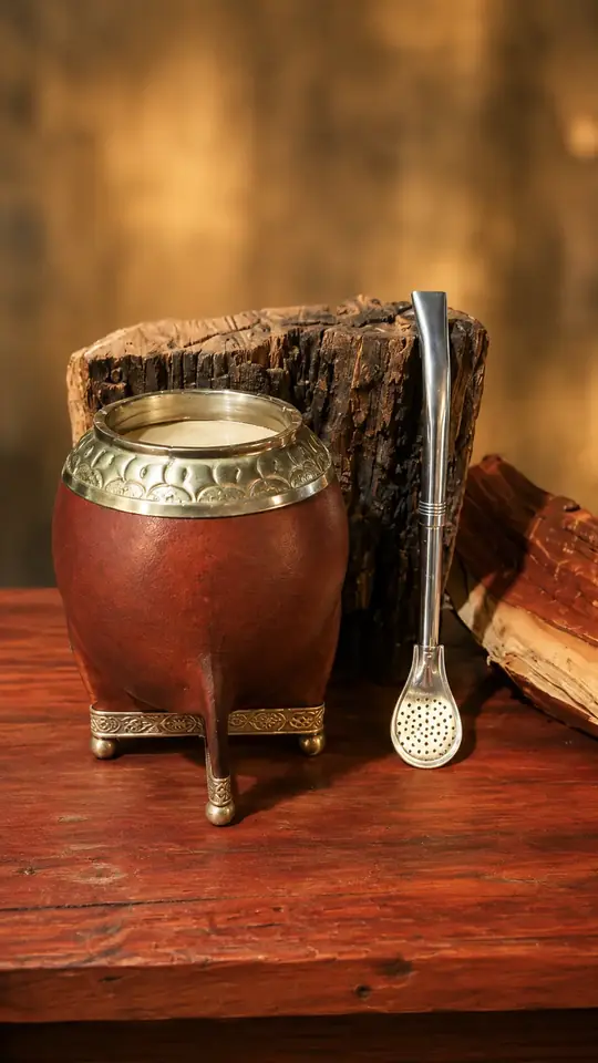 MATE CALABAZA FORRADO EN CUERO VIROLA CINCELADA REFUERZO EN ALPACA CON BOLITAS DE BRONCE
