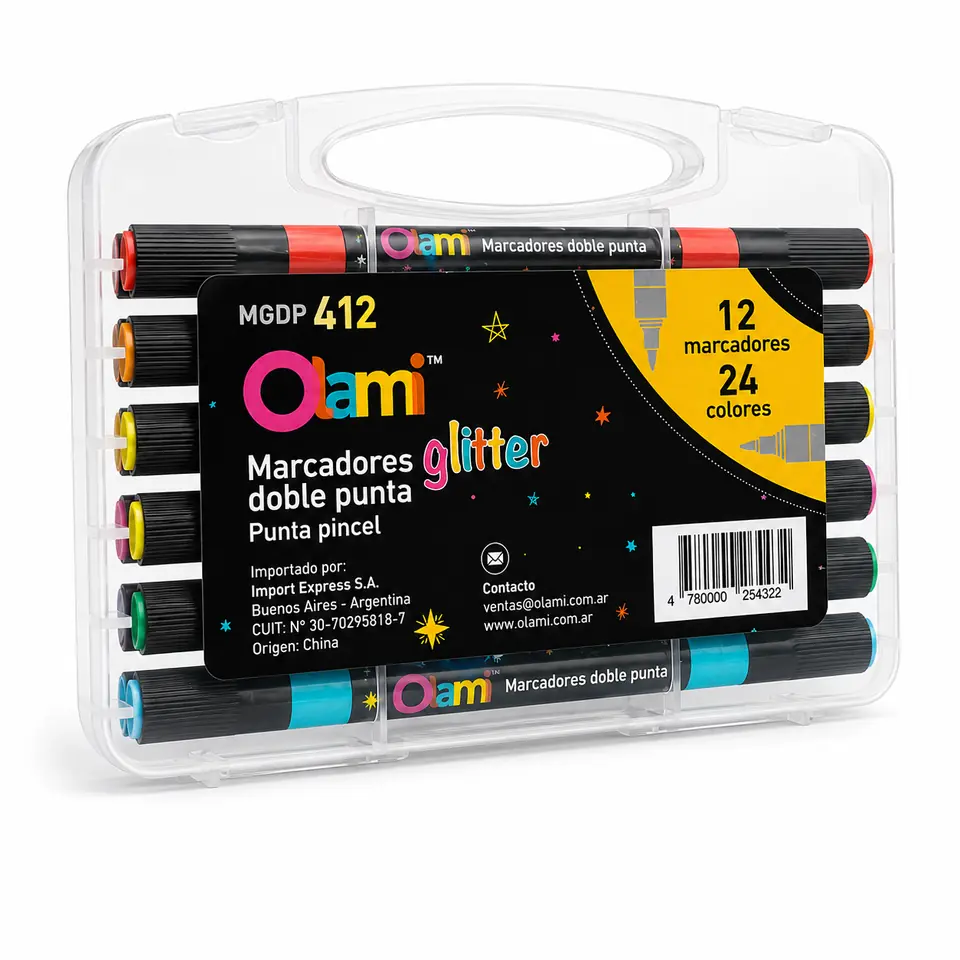 MARCADORES - GLITTER X 12 DOBLE PUNTA - PINCEL OLAMI (24 COLORES) ESTUCHE RIGIDO
