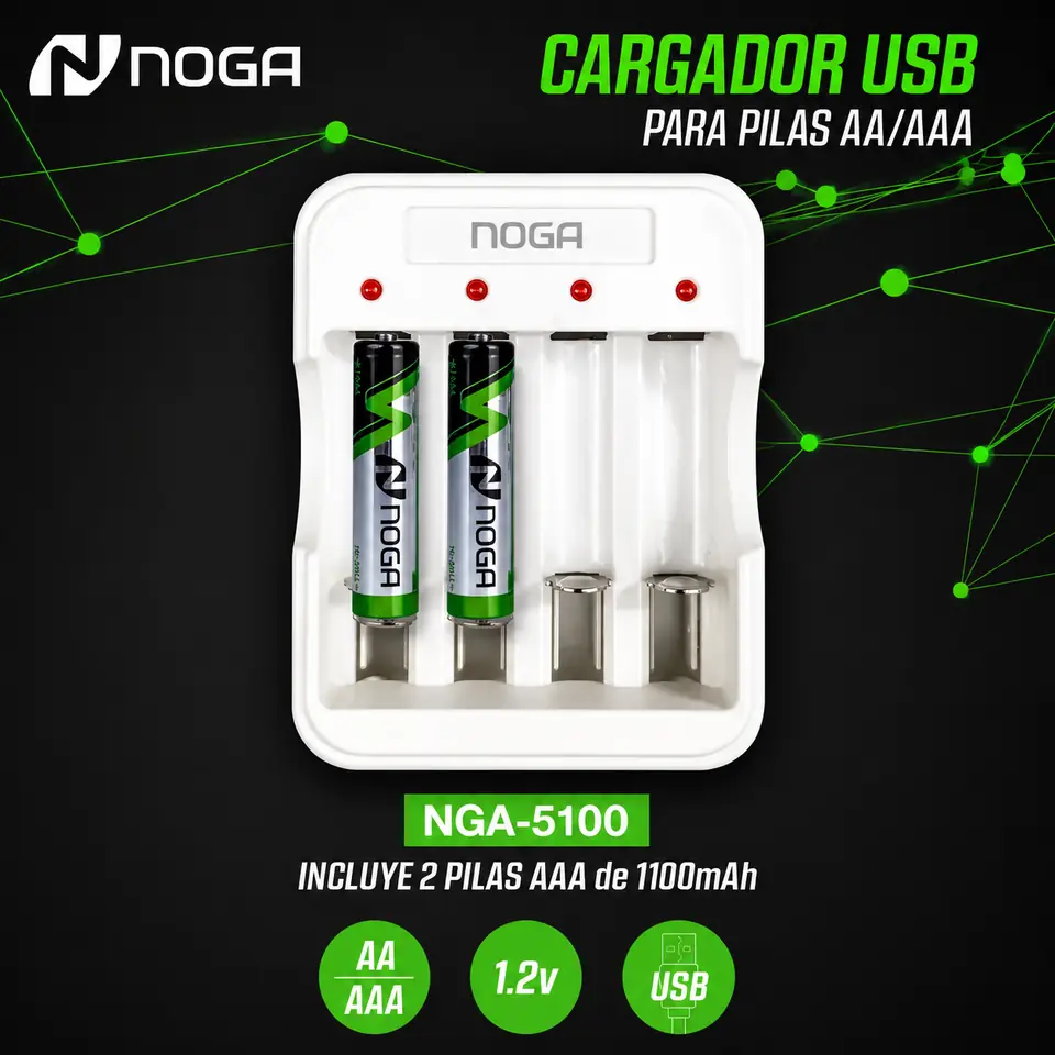 Cargador de Pilas Recargables NOGA NG 5100 + 2 Pilas "AAA"  (Apto para Pilas AA y AAA)