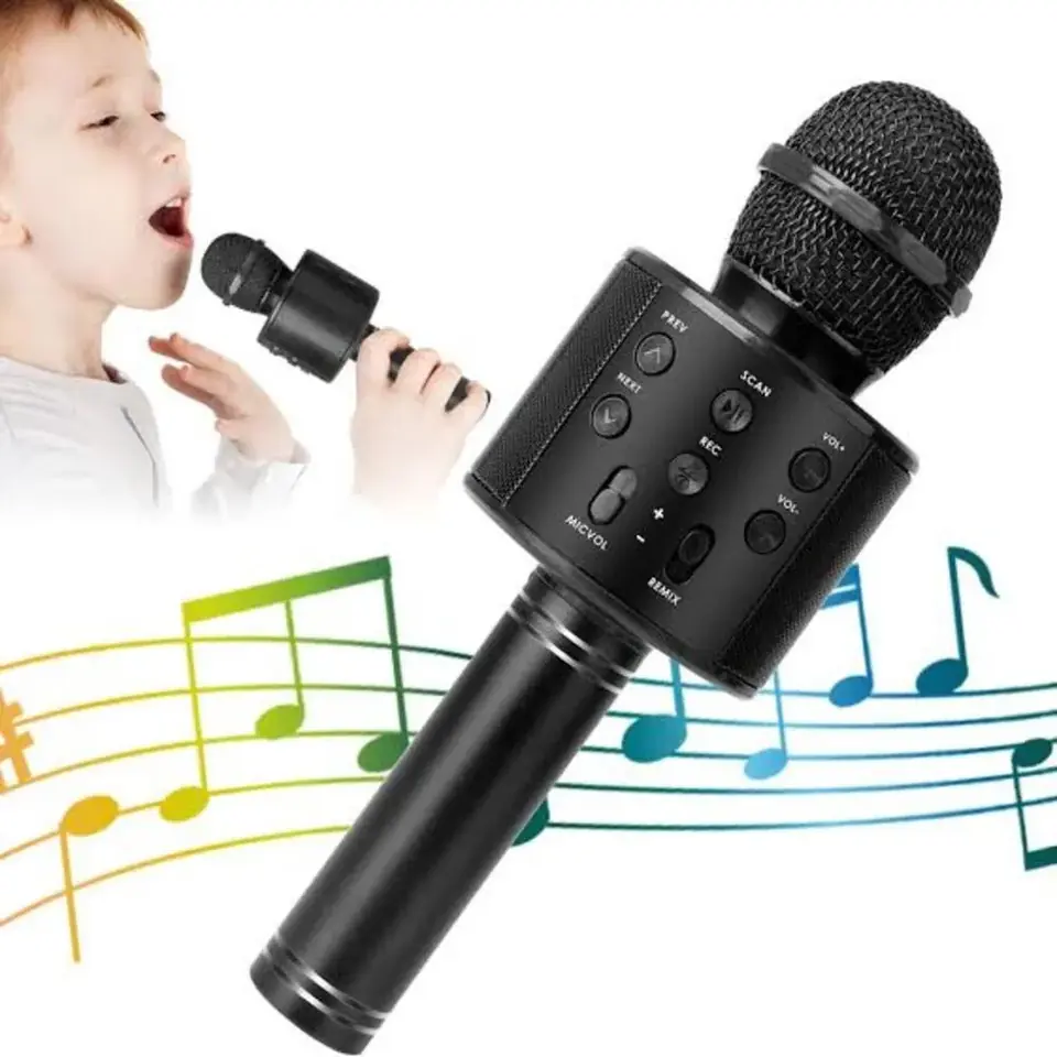 Micrófono Bluetooth Karaoke " NEGRO " C/ Parlante Incluido + Función Remix WS - 858